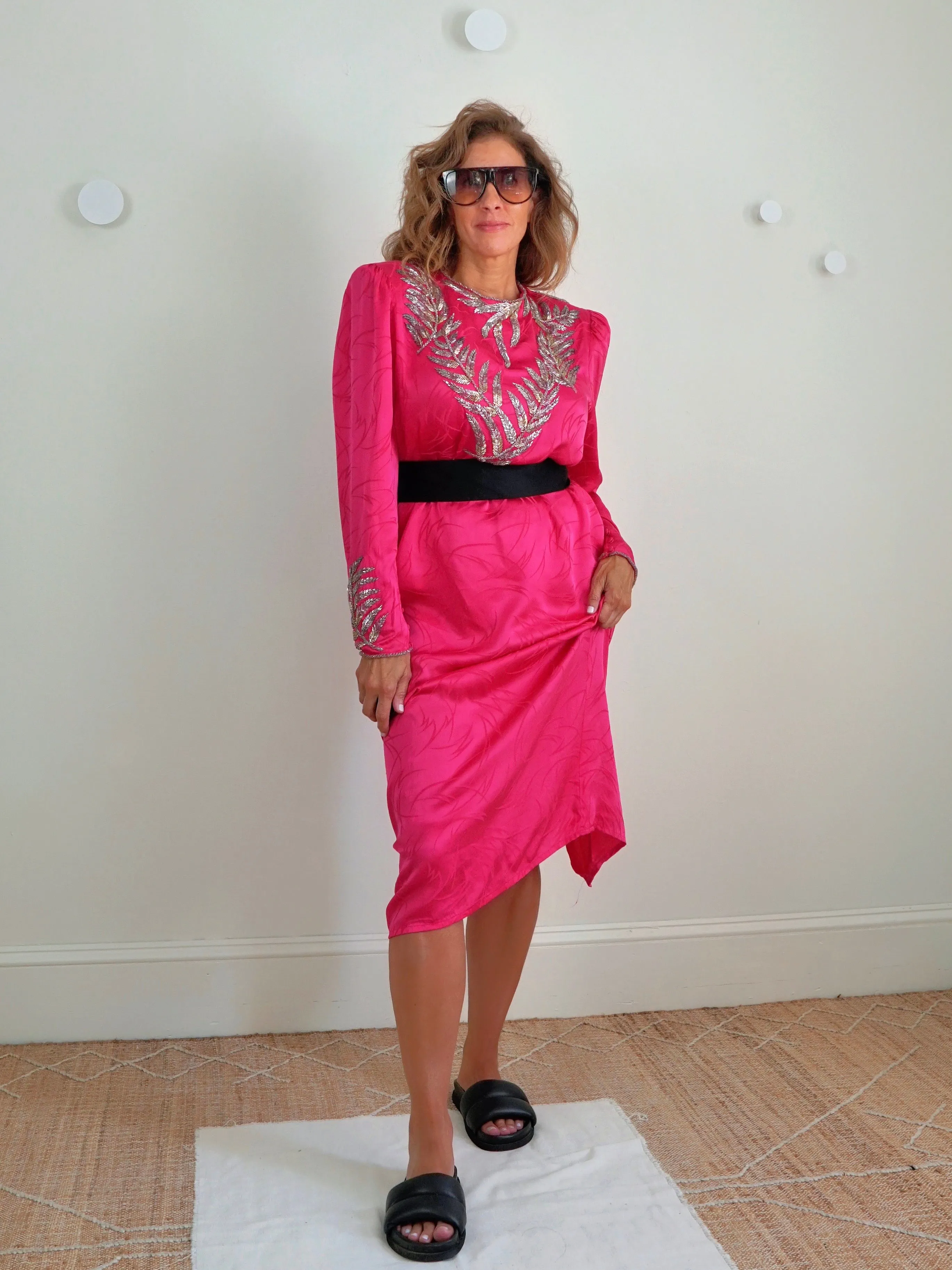 80's Pink Silk Leaf Motif Dress