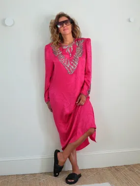 80's Pink Silk Leaf Motif Dress