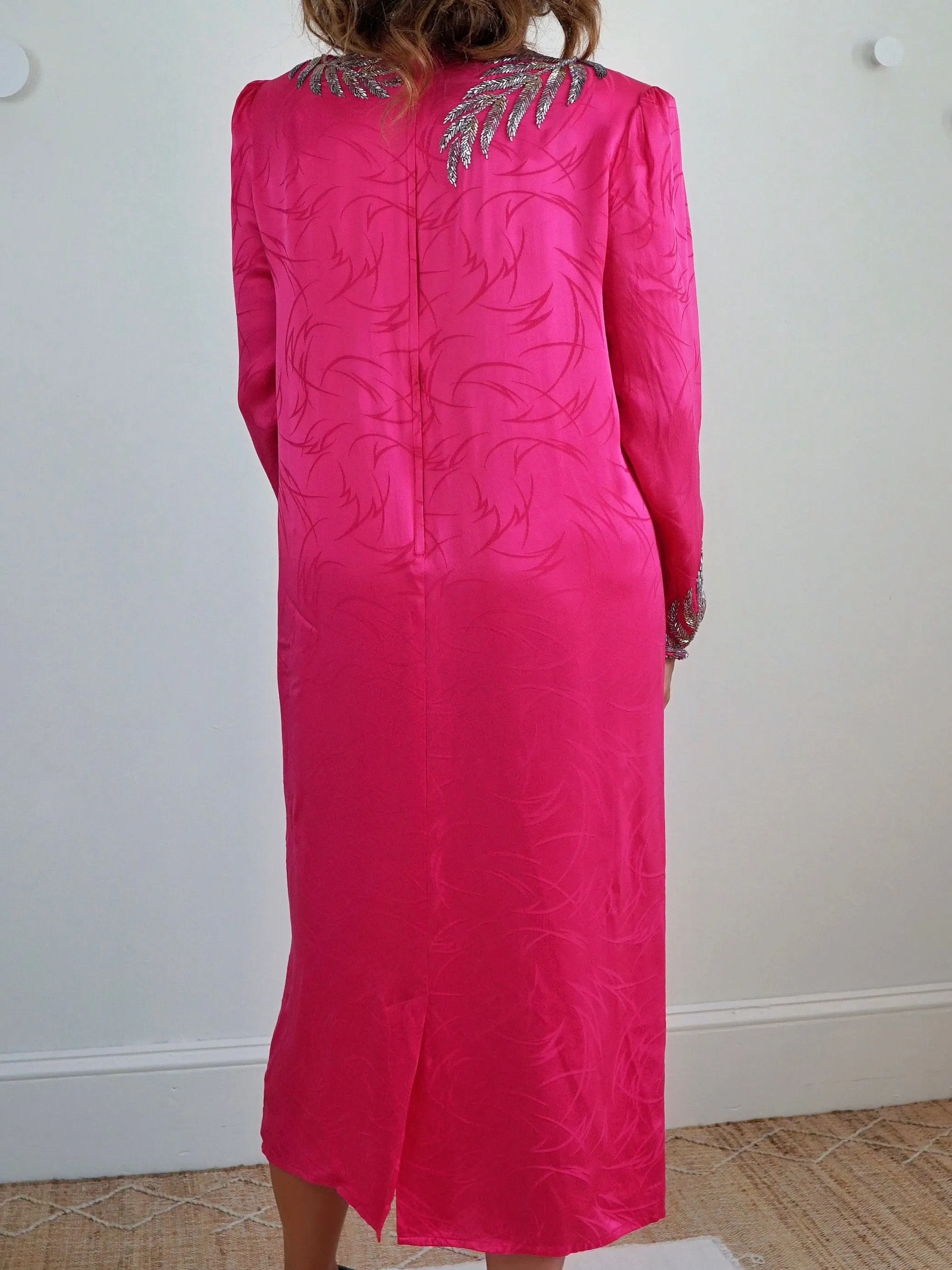 80's Pink Silk Leaf Motif Dress