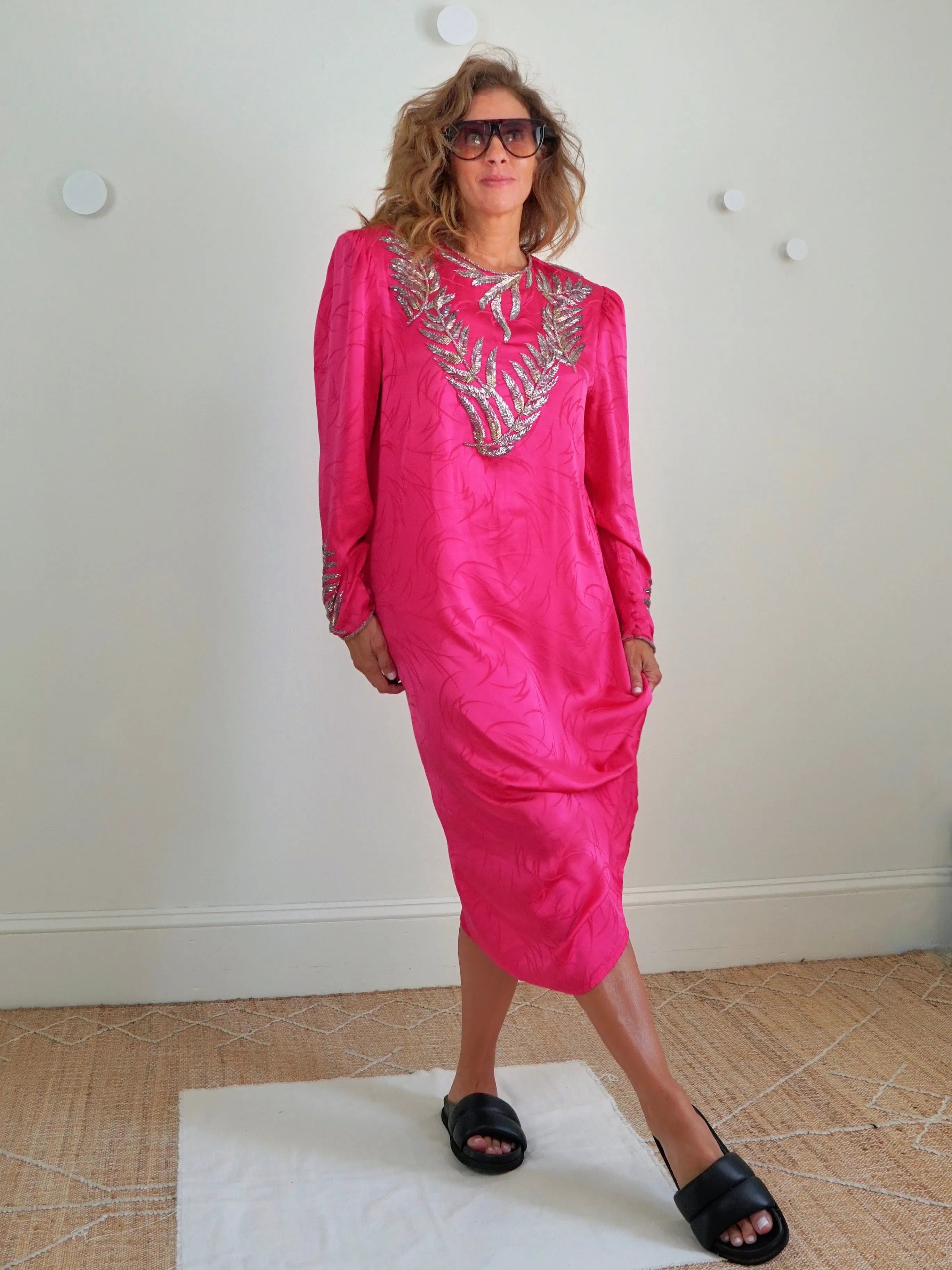 80's Pink Silk Leaf Motif Dress