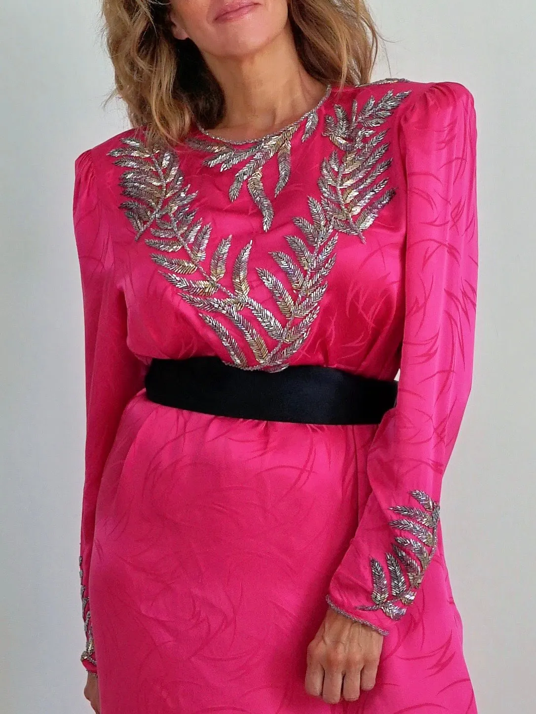 80's Pink Silk Leaf Motif Dress