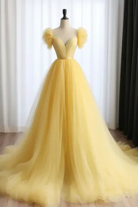 A Line Sweetheart Neck Tulle Yellow Long Prom Dress, Yellow Long Formal Dress       fg5440