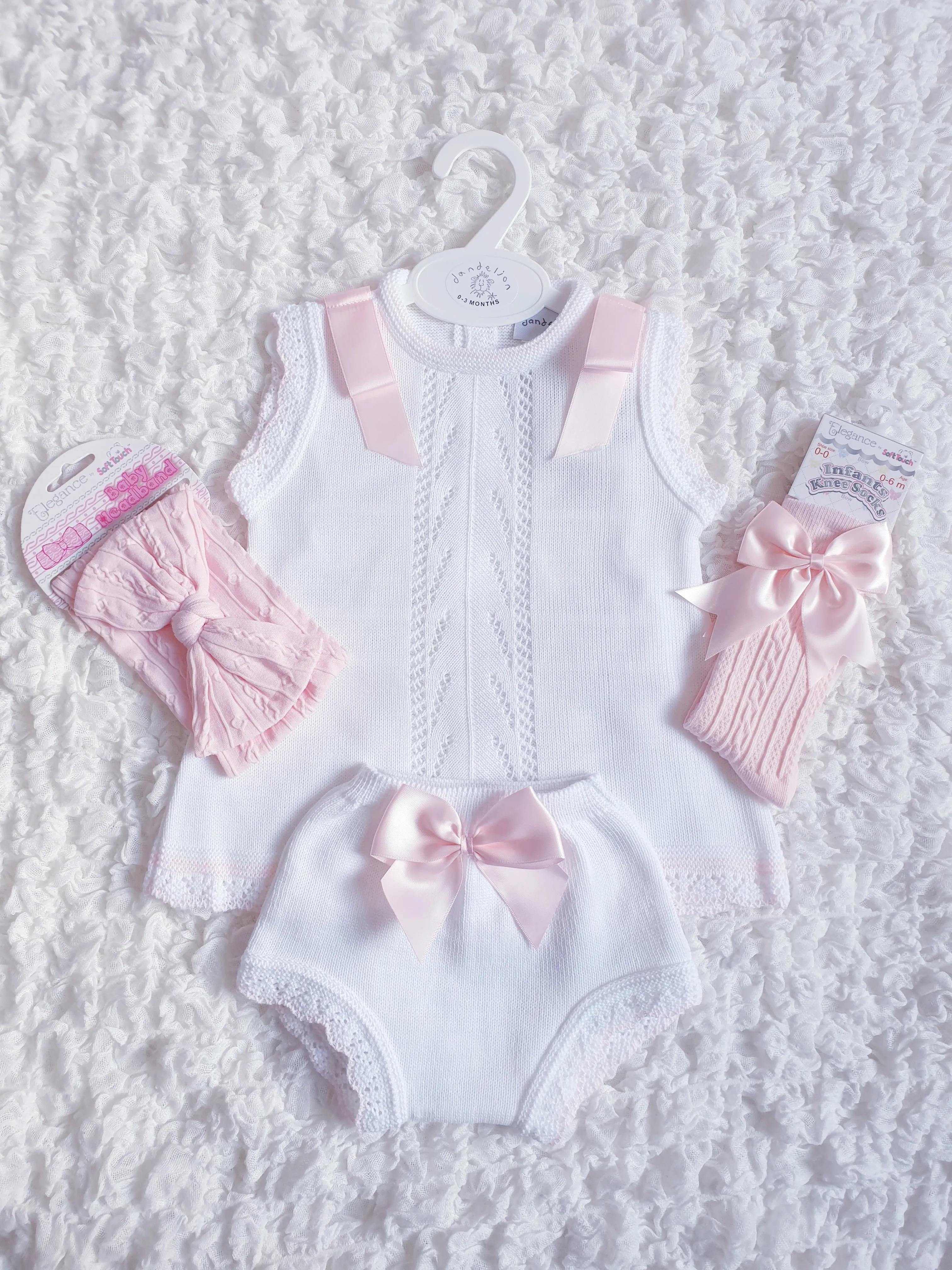 Baby Girls Dandelion White Pink Knitted Dress Set