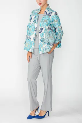 Blue Floral Embo Jacquard Stand Collard 3/4 Sleeve Jacket