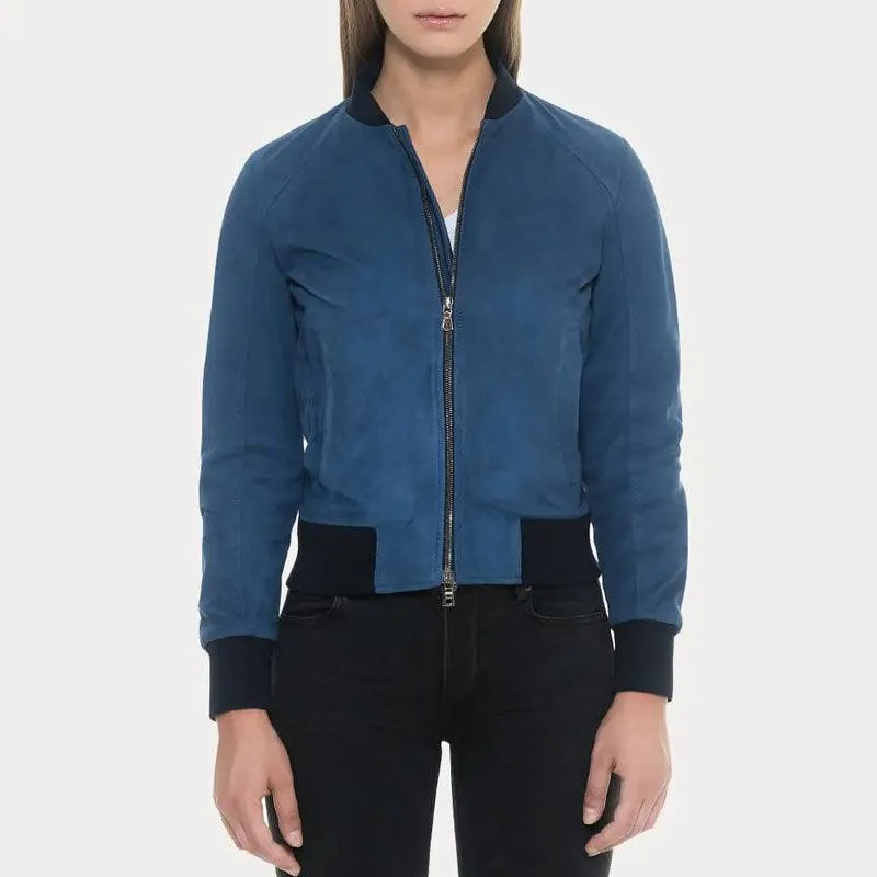 Blue Suede Bomber Leather Jacket with Black Rib Knit Collar & Cuffs