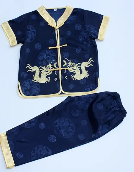 Boys Two-Piece Traditional Embroidered Dragon Outfit (Blue)