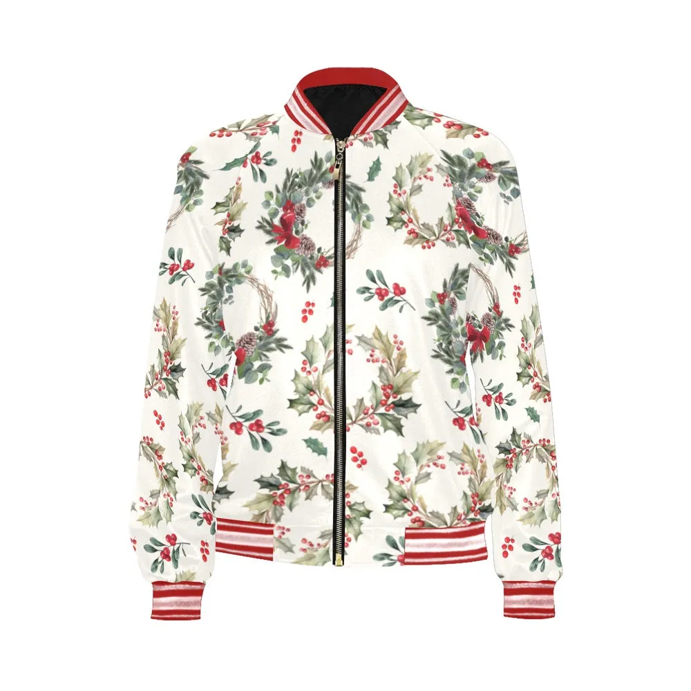 Christmas Wreath Pattern Bomber Jacket for Women