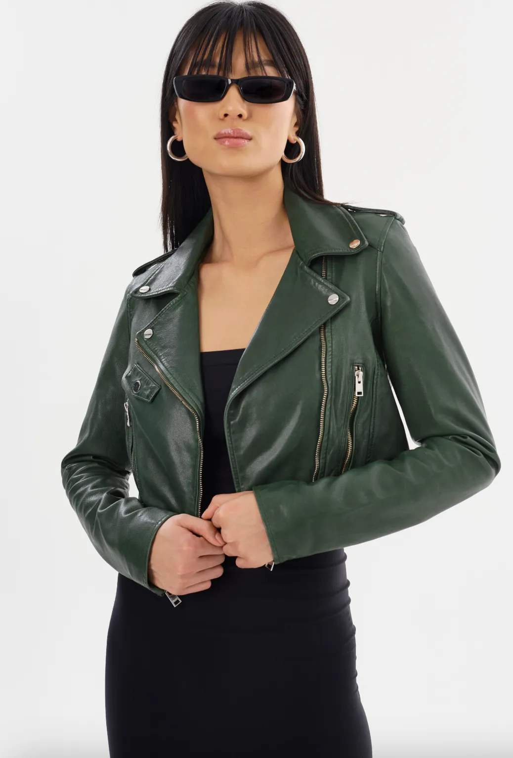 Ciara Leather Crop Moto Jacket - Alpine Green