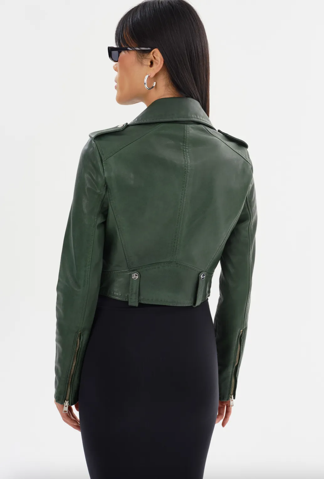 Ciara Leather Crop Moto Jacket - Alpine Green