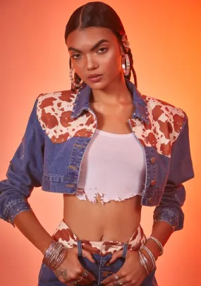 Classy In Cow Print Cropped Denim Jacket