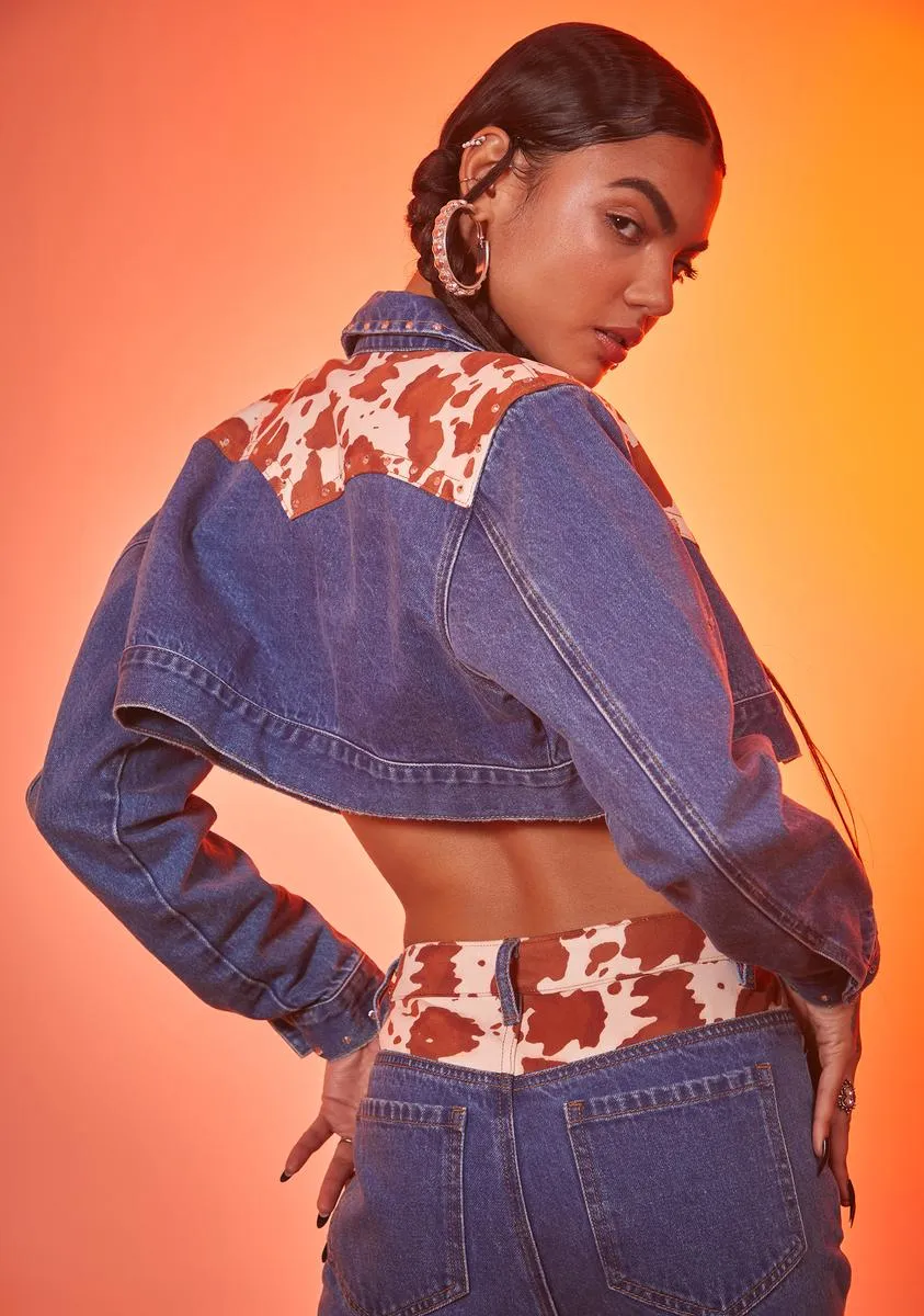 Classy In Cow Print Cropped Denim Jacket