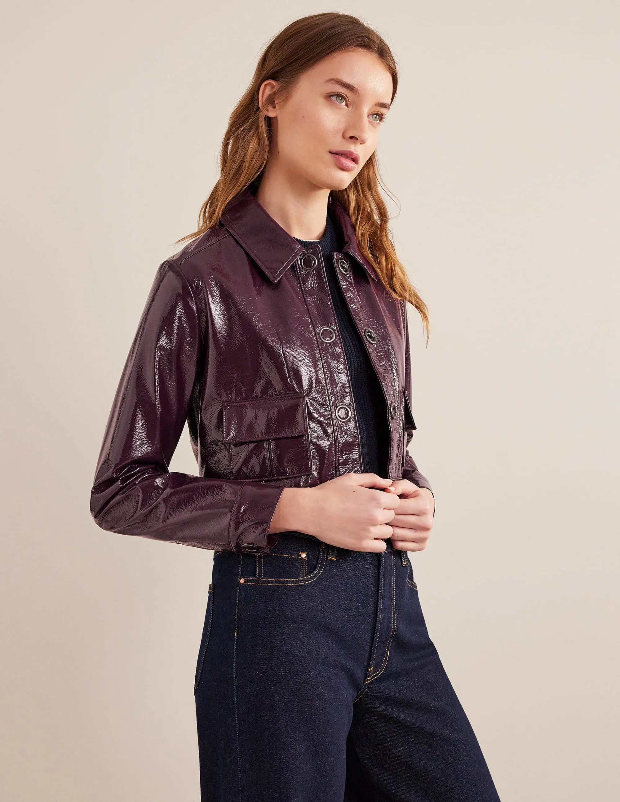 Cropped Collared Jacket-Maroon