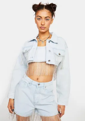 Cropped Denim Jacket With Diamante Fringe