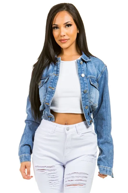 Cropped elastic DENIM JACKET