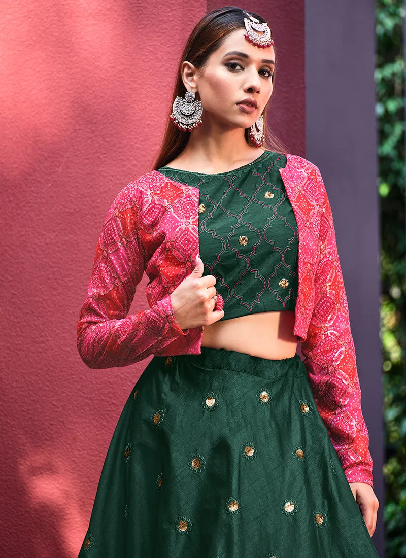 Dark Green Sequence Embroidery Jacket Style Lehenga Choli