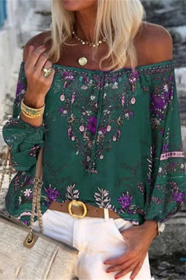 Dunnmall Fashion Off The Shoulder Floral Print Top