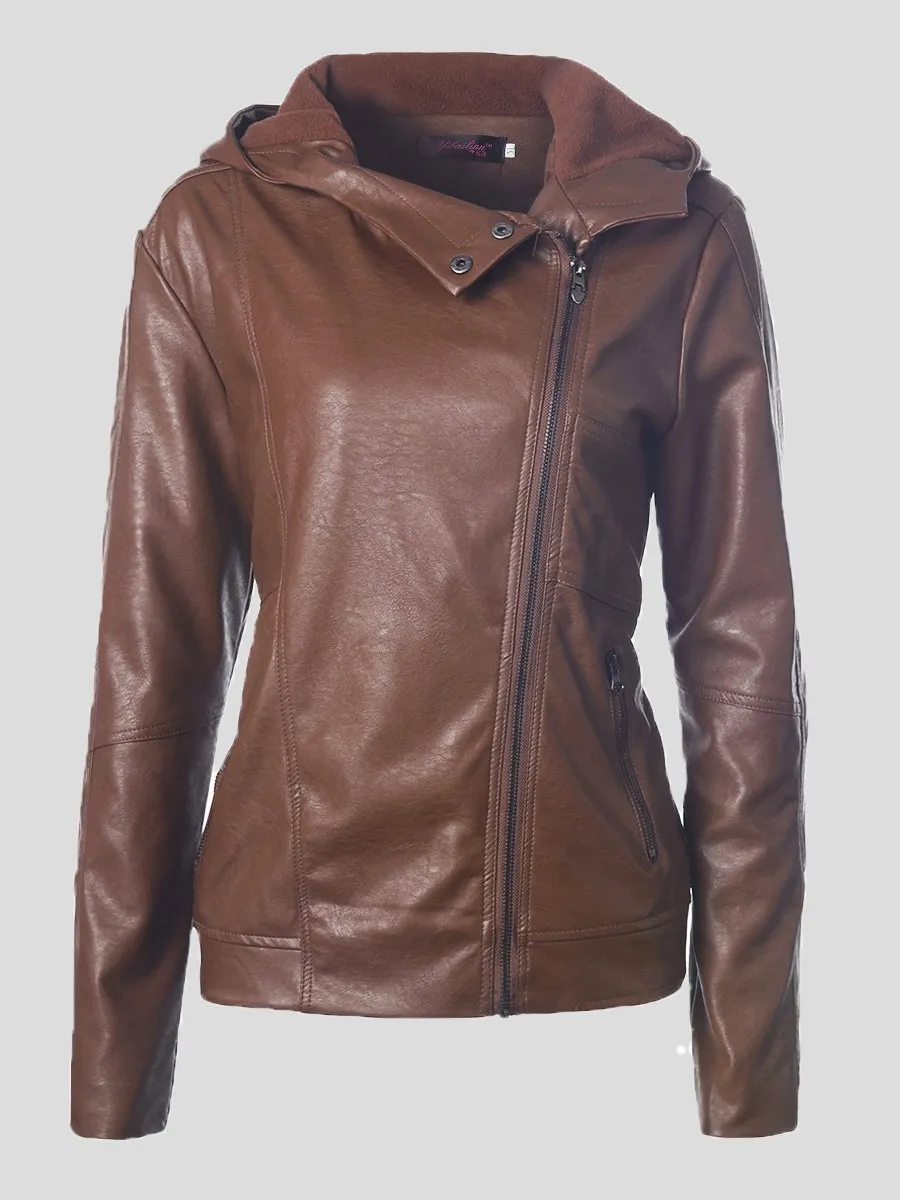 Dunnmall Women's Jackets Vintage Long Sleeve Hooded Leather Jacket