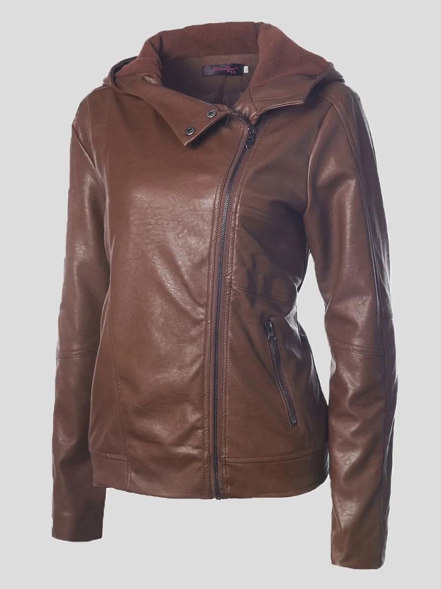 Dunnmall Women's Jackets Vintage Long Sleeve Hooded Leather Jacket