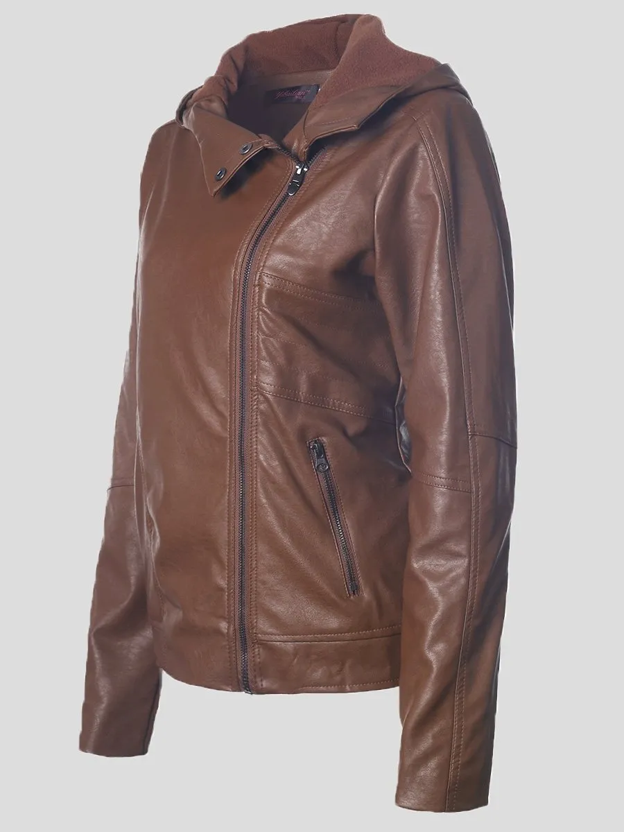 Dunnmall Women's Jackets Vintage Long Sleeve Hooded Leather Jacket