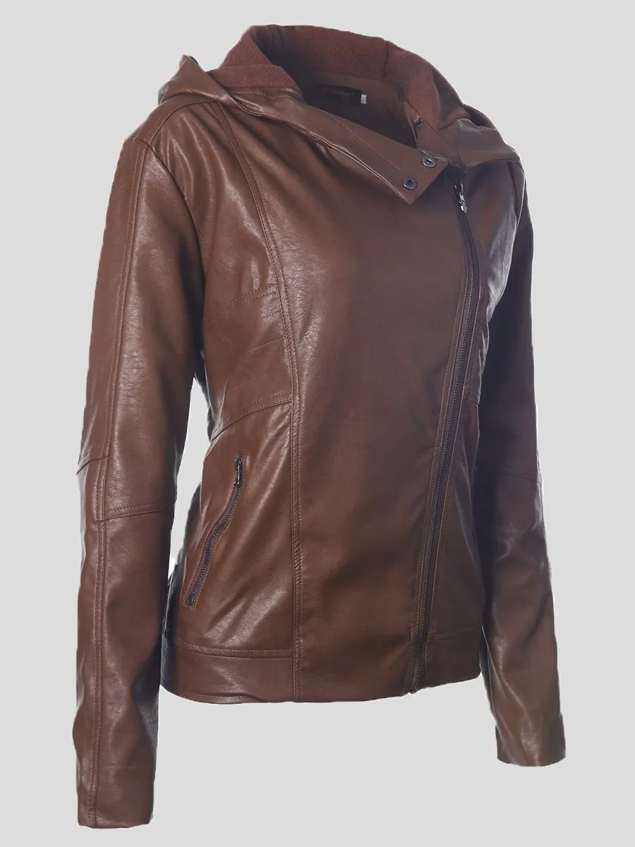 Dunnmall Women's Jackets Vintage Long Sleeve Hooded Leather Jacket