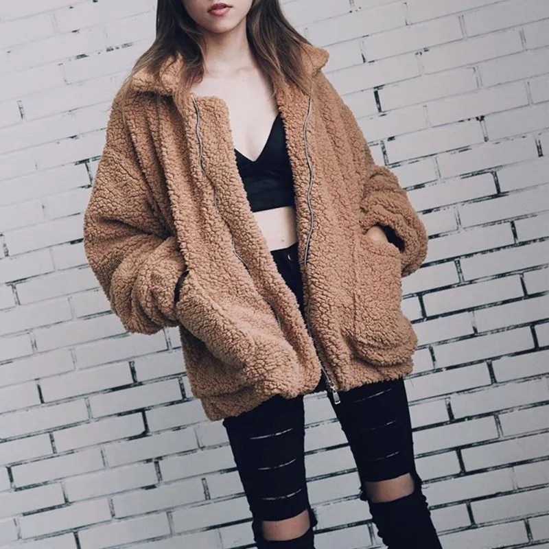 Elegant Faux Fur Coat Women 2019 Autumn Winter Warm Soft Zipper Fur Jacket Female Plush Overcoat Pocket Casual Teddy Outwear