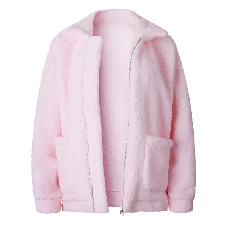 Elegant Faux Fur Coat Women 2019 Autumn Winter Warm Soft Zipper Fur Jacket Female Plush Overcoat Pocket Casual Teddy Outwear