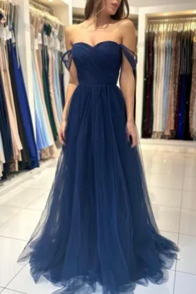 Elegant Long Navy Blue Off-the-shoulder A-line Sleeveless Prom Dresses      fg4312