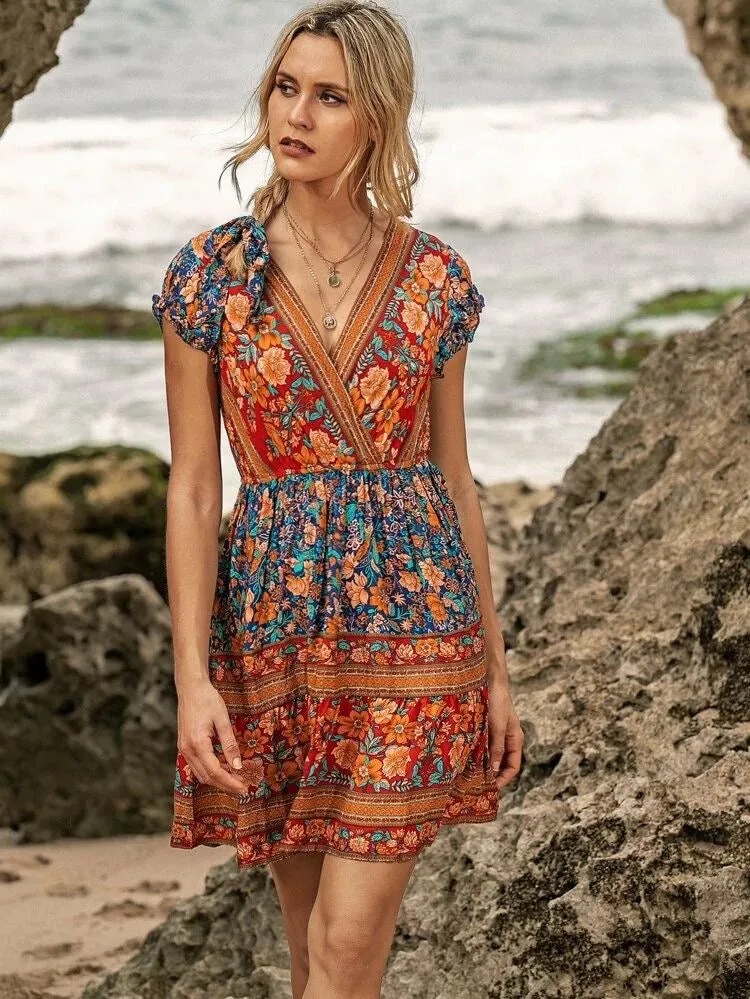 Floral Mini Boho Dress, Bohemian Summer Dress for Women