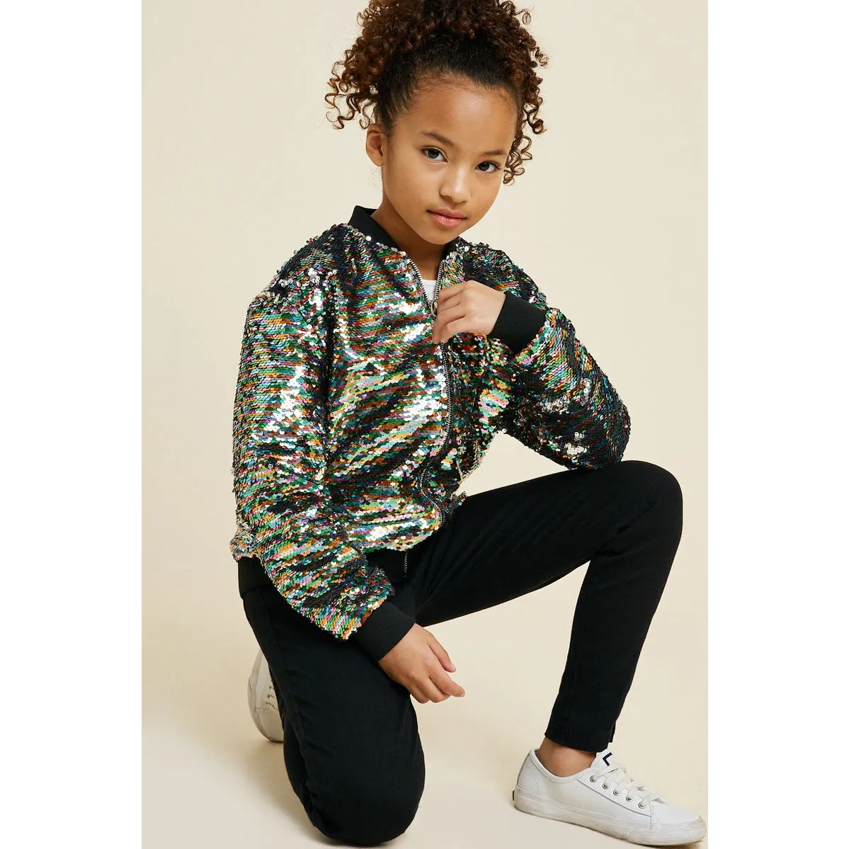 Girls Multi-Color Sequin Bomber Jacket