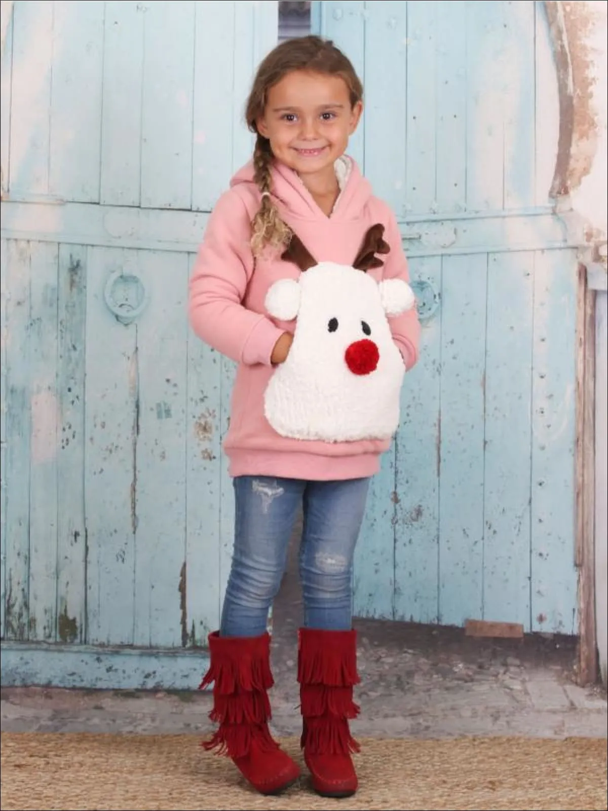 Girls Pink Warm And Cozy Fleece Lined Reindeer Hoodie