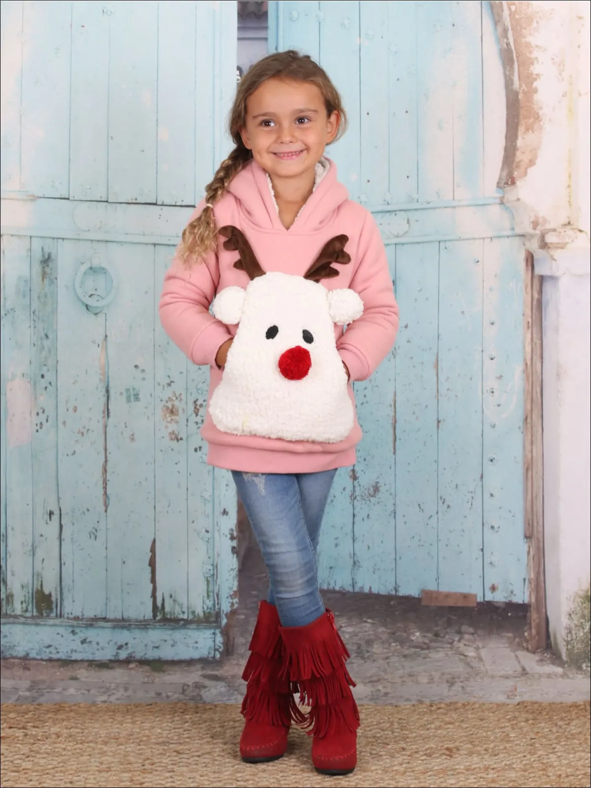 Girls Pink Warm And Cozy Fleece Lined Reindeer Hoodie