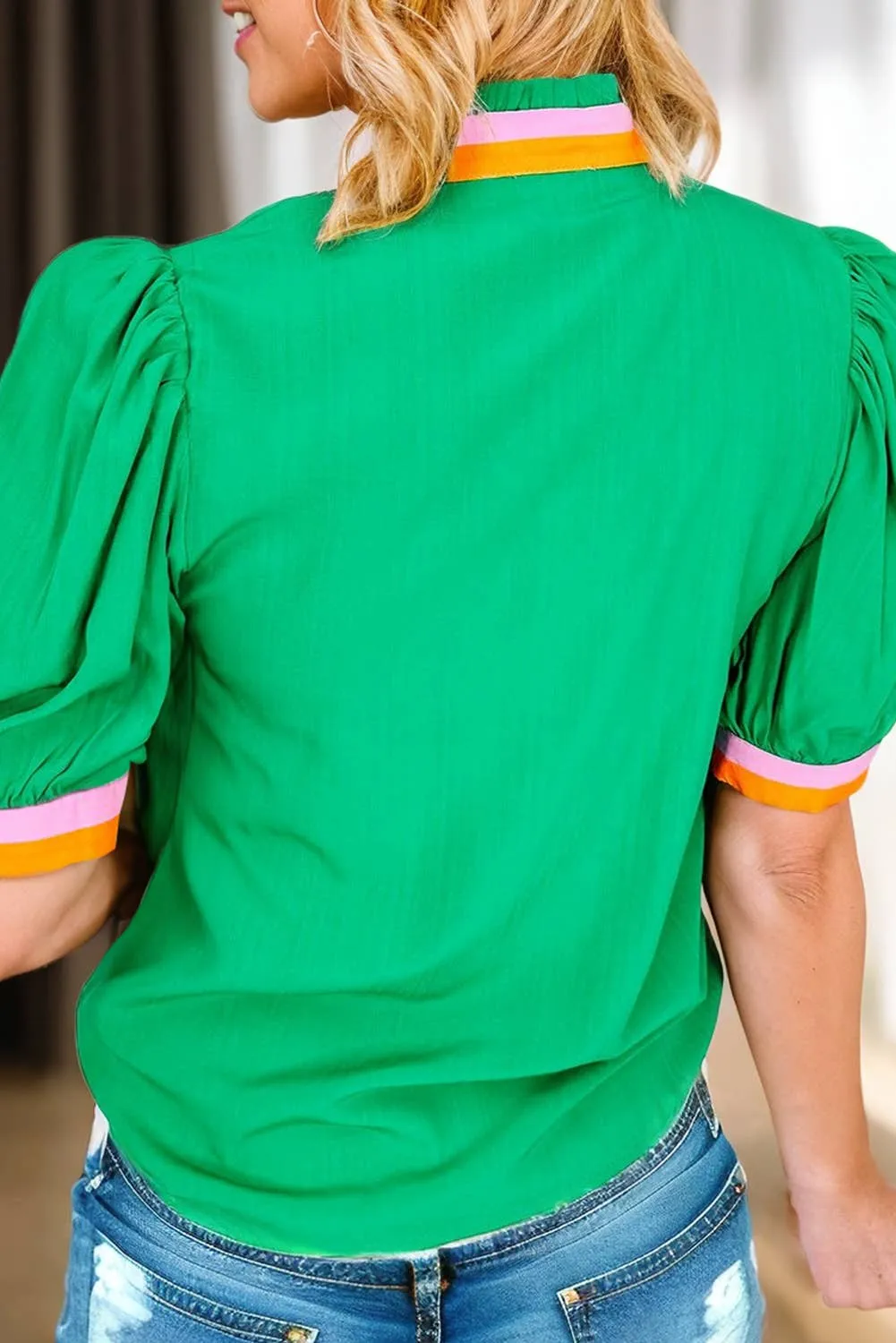 Green Contrast Color Block V Neck Top