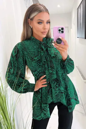 Green Printed Tie Neck Blouse