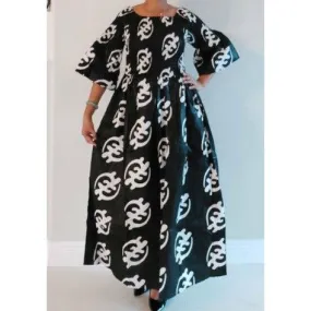 Gye Nyame Long Smocked Maxi Dress - Black White