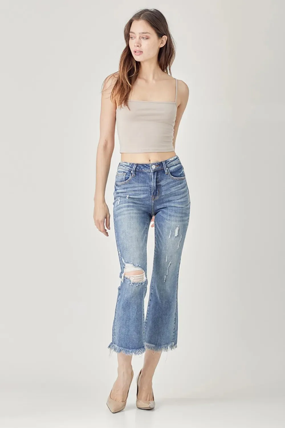 High Waist Distressed Cropped Bootcut Jeans