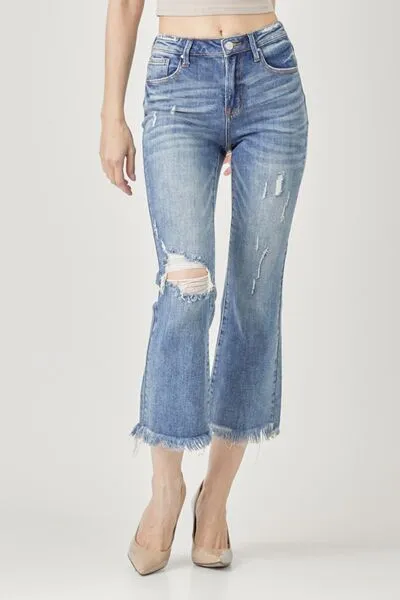 High Waist Distressed Cropped Bootcut Jeans