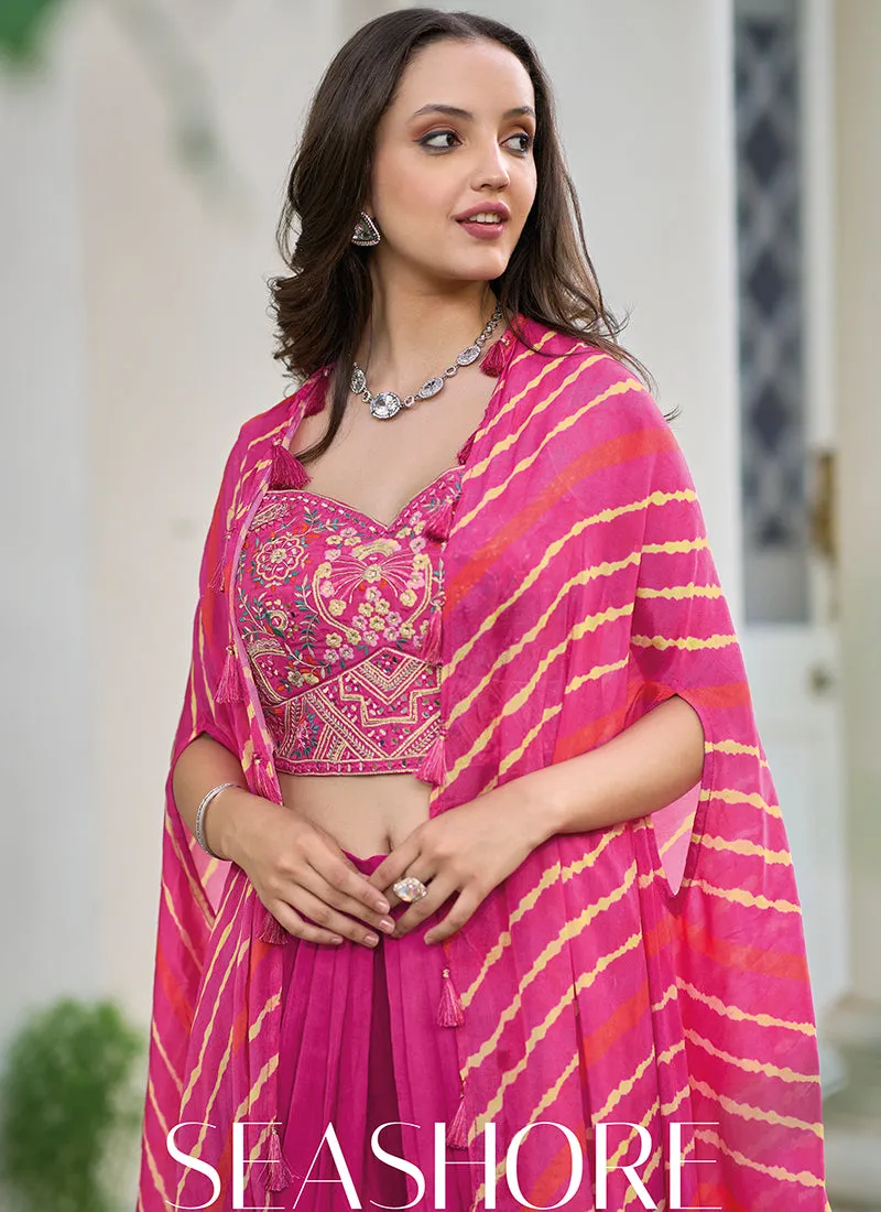 Hot Pink Multi Embroidered Cape Style Co-Ord Dhoti Set