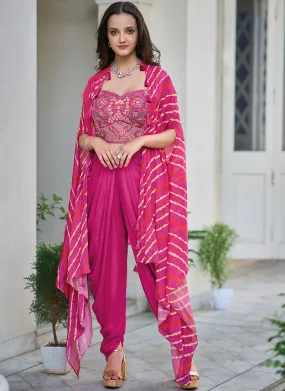 Hot Pink Multi Embroidered Cape Style Co-Ord Dhoti Set