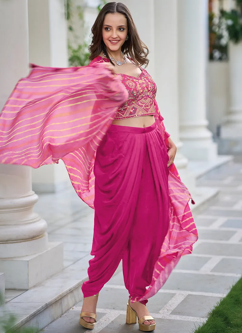 Hot Pink Multi Embroidered Cape Style Co-Ord Dhoti Set