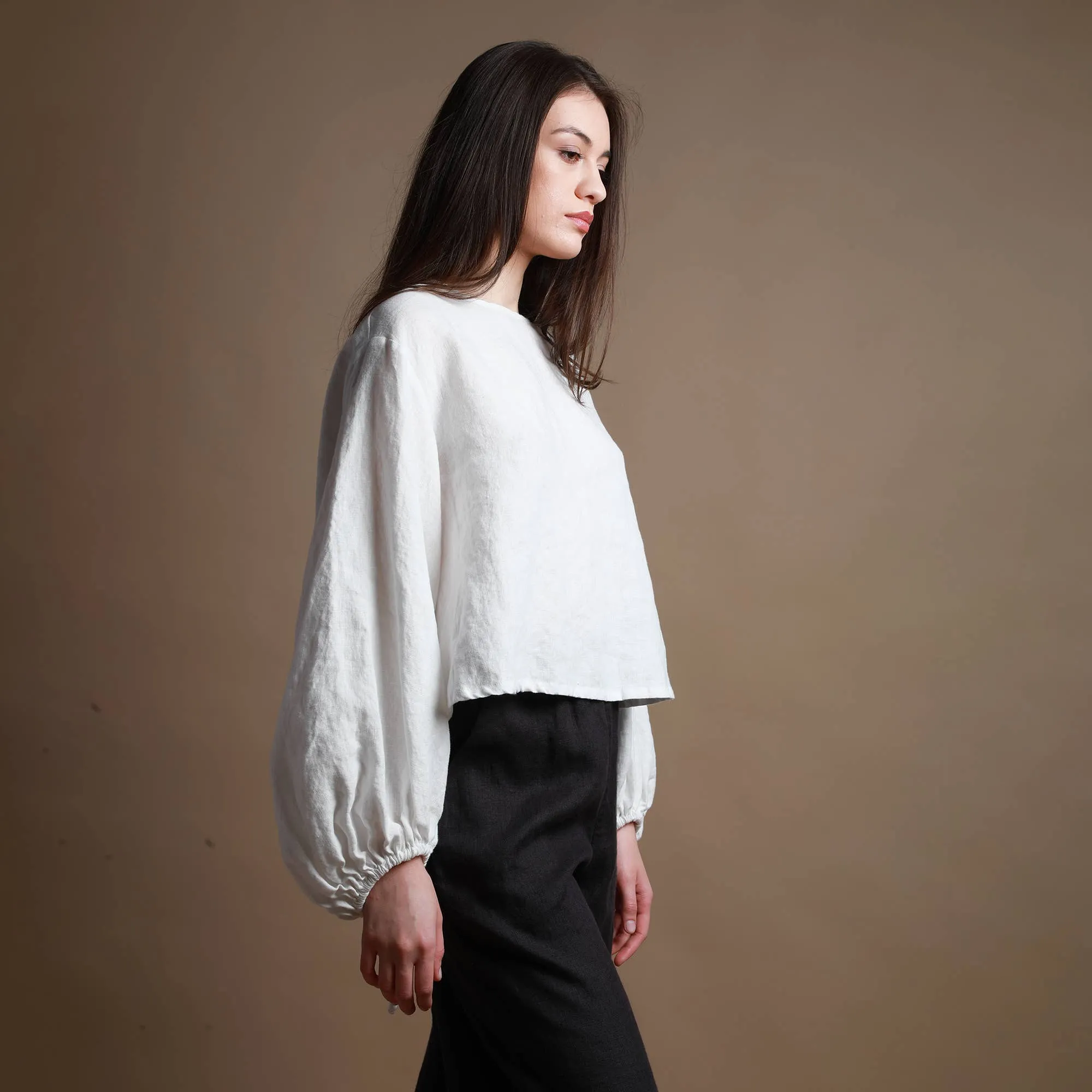 Knotium Puff Sleeve Cropped Off White Linen Shirt with Back Ties