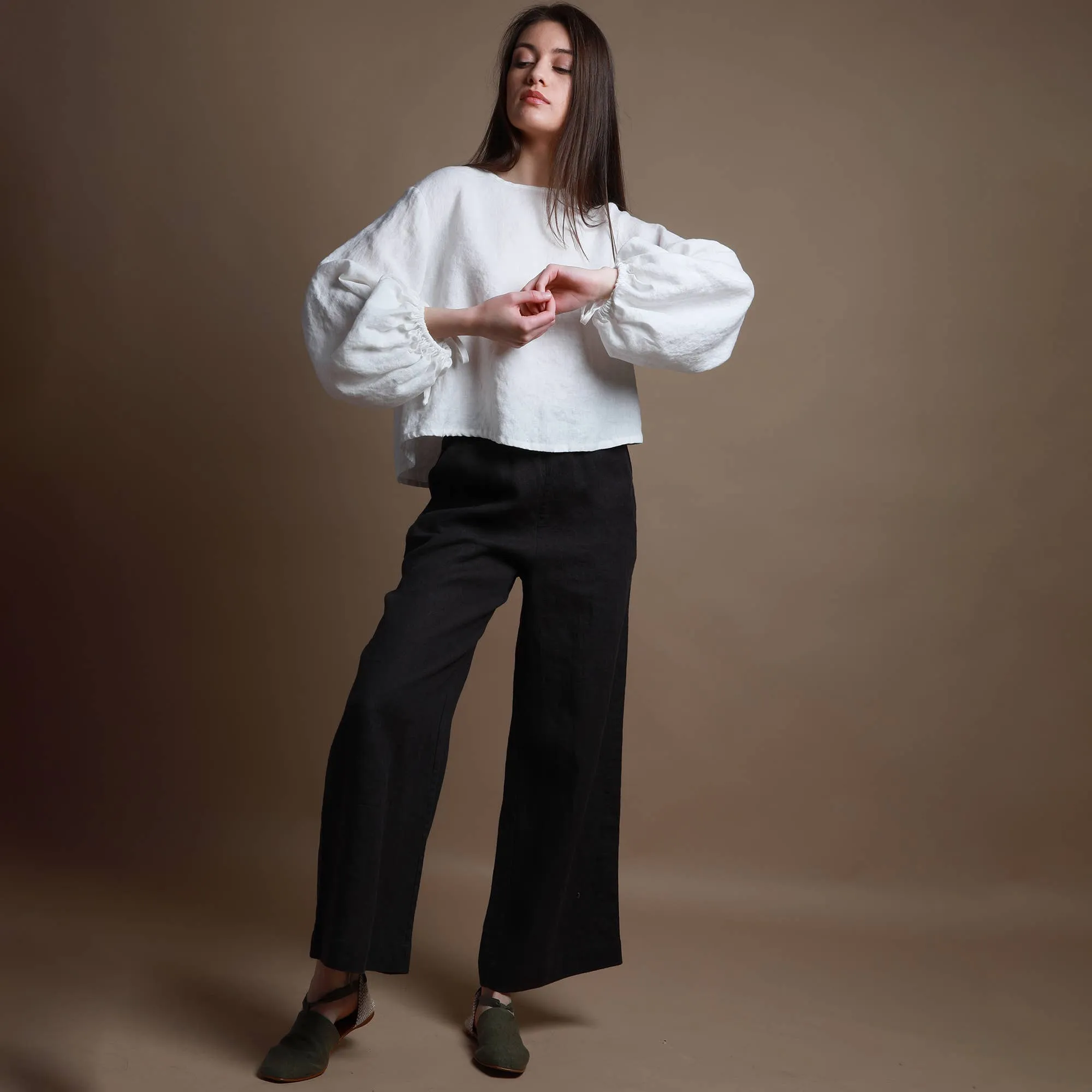 Knotium Puff Sleeve Cropped Off White Linen Shirt with Back Ties