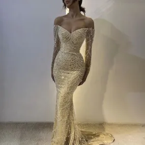 Luxury Dubai Evening Birthday Dress 2024 Beads Sequins Off-The-Shoulder Long Sleeves Mermaid Sweep Train Formal Prom Gowns   fg4572