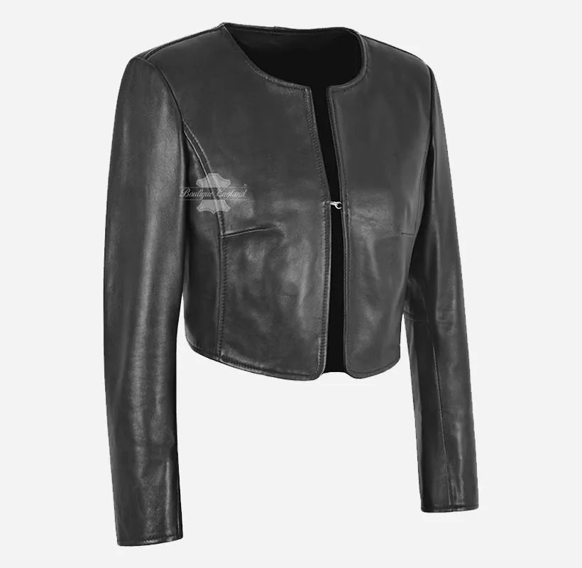 MARTY Women Collarless Cropped Leather Jacket Leather Shrug