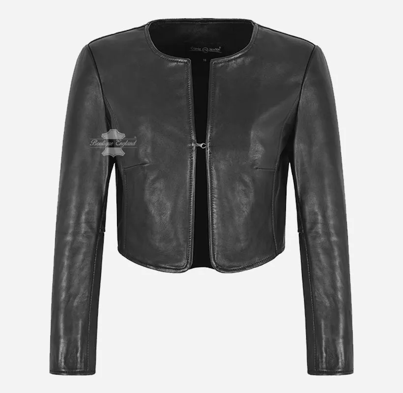 MARTY Women Collarless Cropped Leather Jacket Leather Shrug