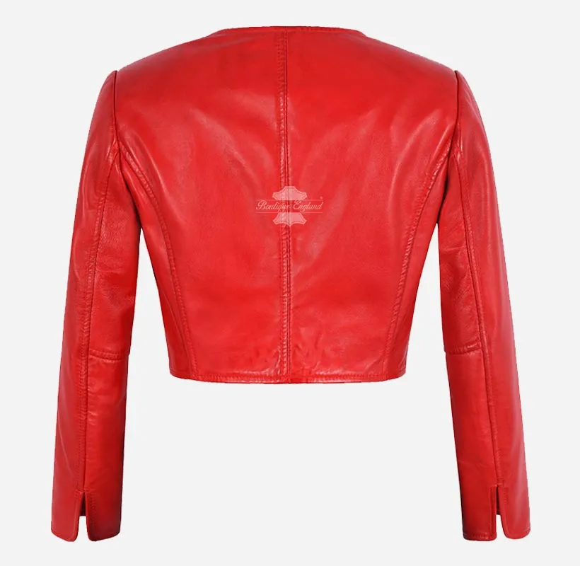 MARTY Women Collarless Cropped Leather Jacket Leather Shrug