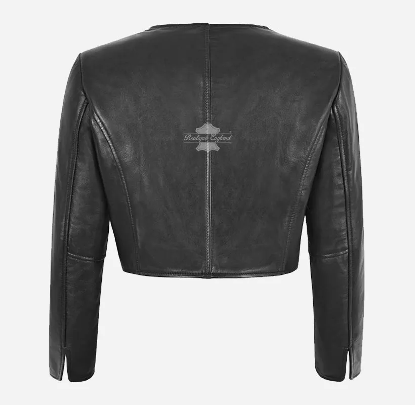 MARTY Women Collarless Cropped Leather Jacket Leather Shrug