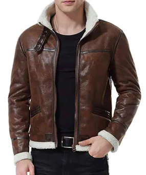 Men’s Biker Shearling Bomber Distressed Brown Leather Jacket