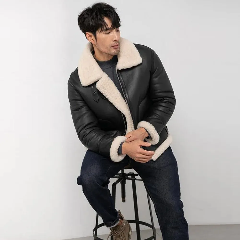 Men's Black Shearling Aviator Jacket - Lapel Collar Leather Jacket