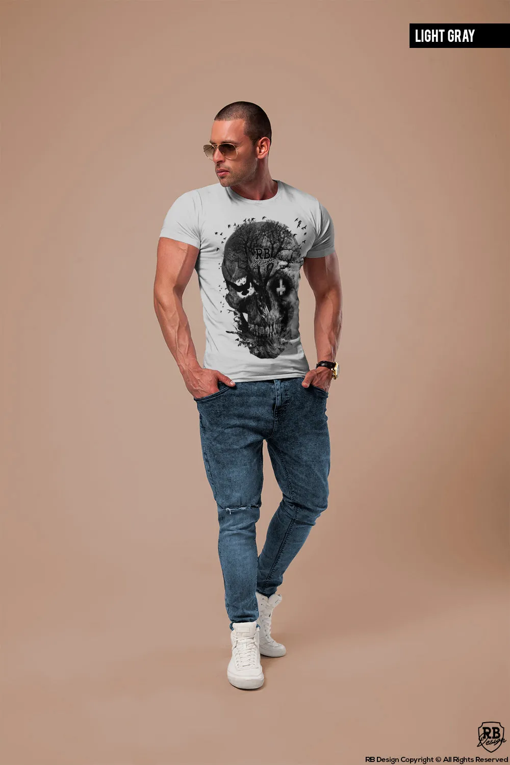 Men's Designer Skull T-shirt Vintage Skeleton Graphic Top MD050