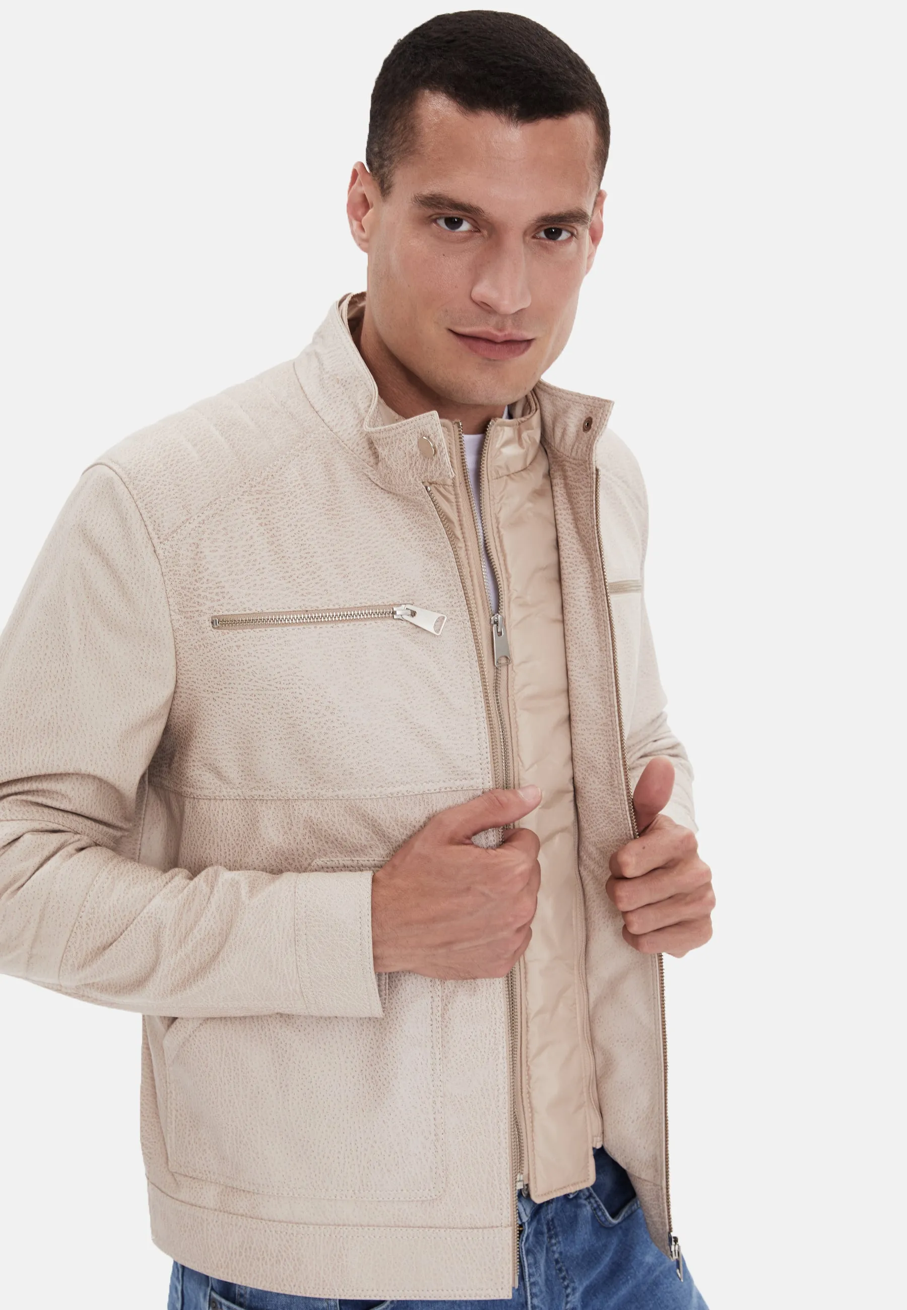 Men's Fashion Leather Jacket, Beige